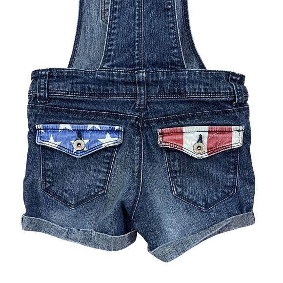 LEI Girls Stars & Stripes Denim Shortalls Overalls XS 4-5 Blue Shorts USA - Picture 12 of 14